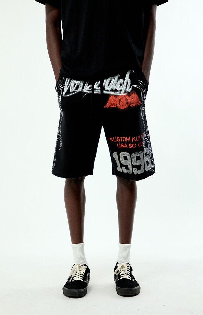 Von Dutch Rhinestone Baggy Fleece Sweat Shorts | Pacsun