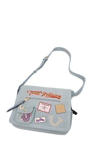 Blue Denim Multi Patch Messenger Bag image number 3