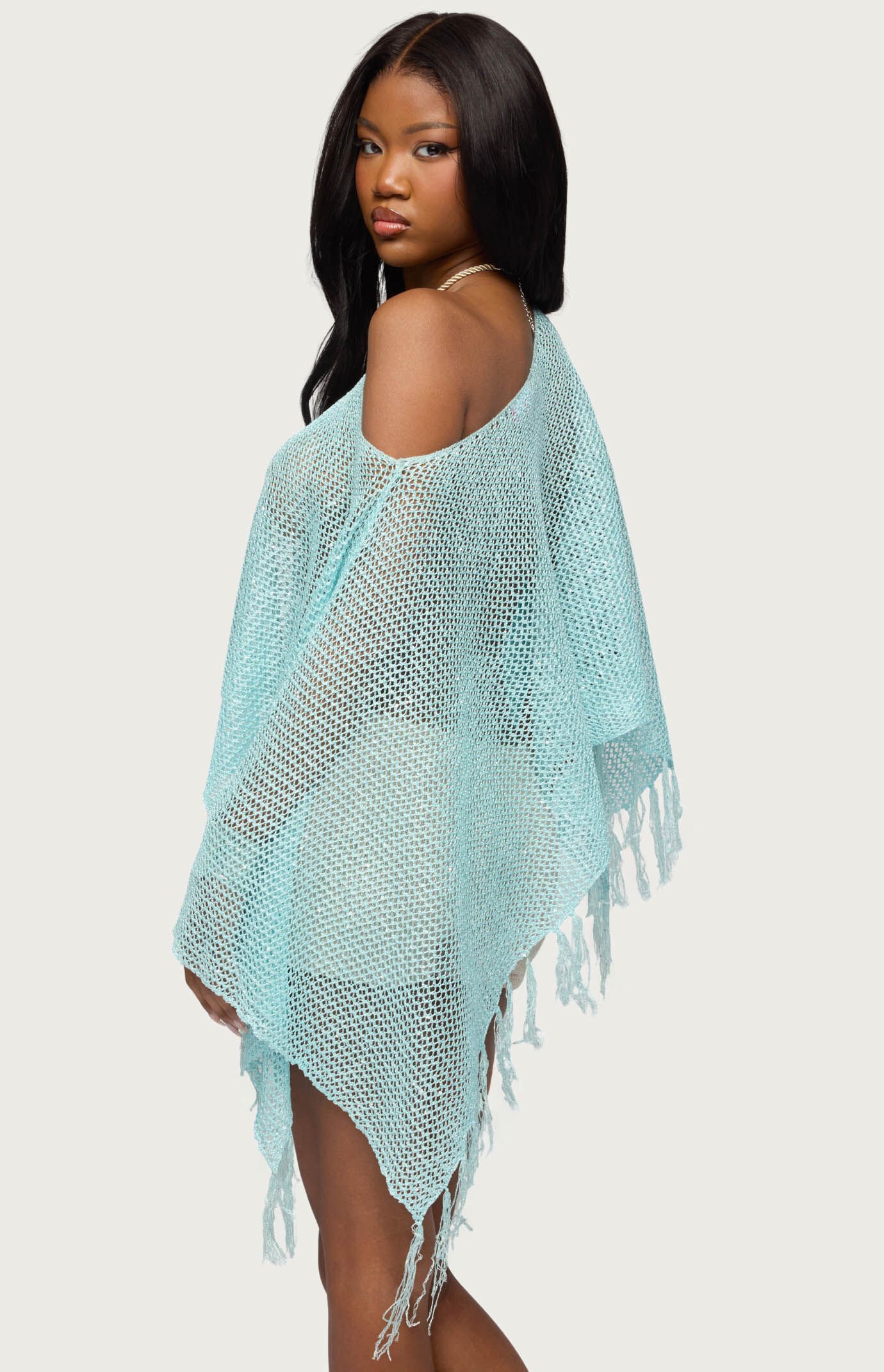 Edikted Sequin Fringe Knit Poncho