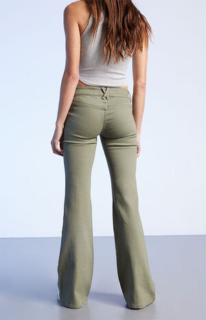 Olive Low Rise Cargo Flare Pants image number 4