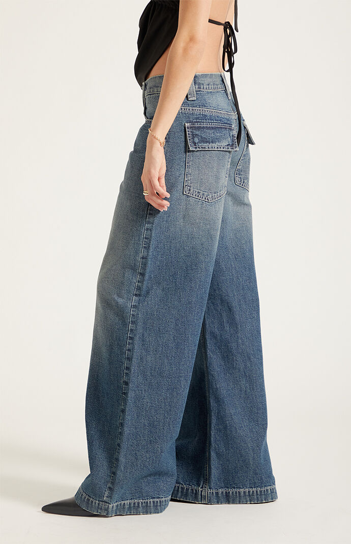 Pacsun Sloane Low Rise Ultra Baggy Jeans Snap-Button Pocket Medium Blue