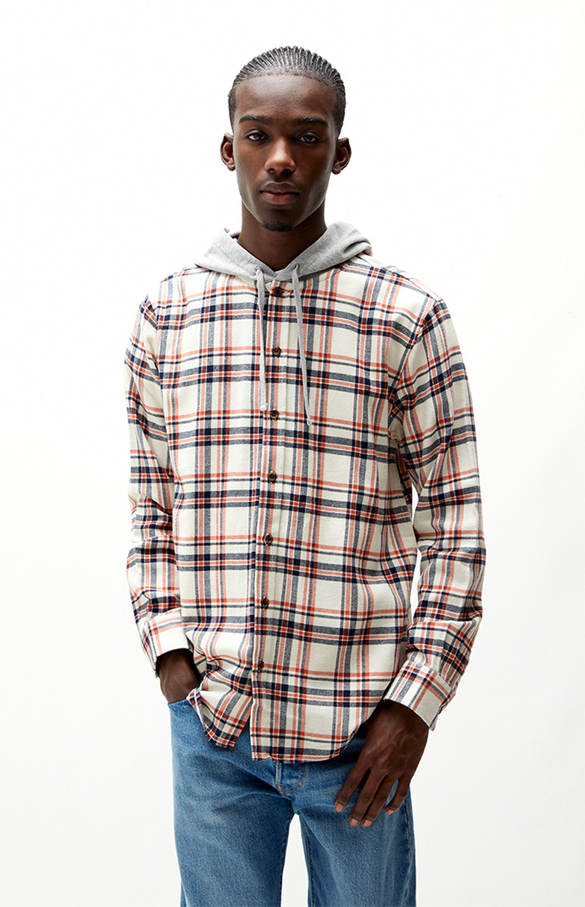 Pacsun plaid mix hooded long sleeve button up shirt clearance