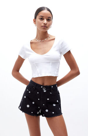 Eco Daisy Embroidered High Waisted Denim Festival Shorts image number 1