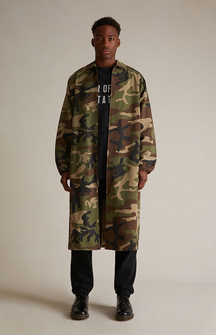 Fear of God Essentials Woodland Camo Nylon Trench Jacket PacSun