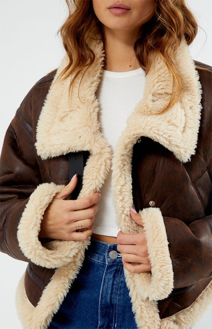 Faux leather sherpa store lined zip jacket