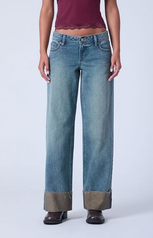Kaia Ultimate Low Rise Baggy Jeans Roll Cuff Raw Cut Medium Blue image number 2