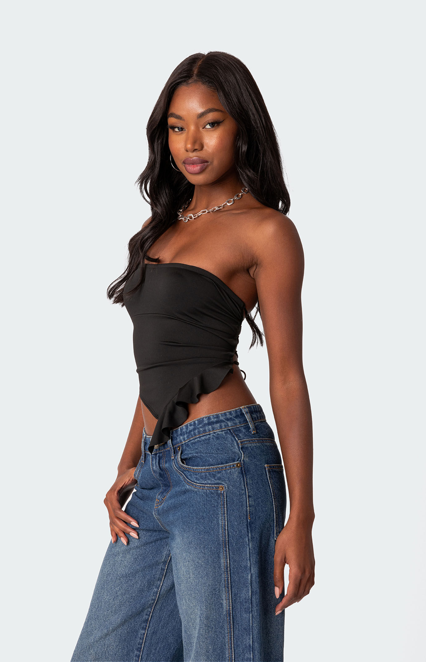 Edikted Hayley Lace Up Ruffle Tube Top | PacSun