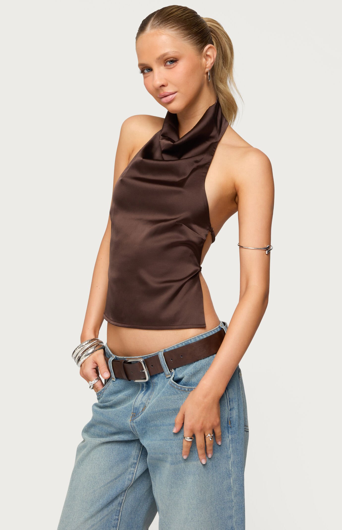 Edikted Satin Effect Backless Cowl Neck Top