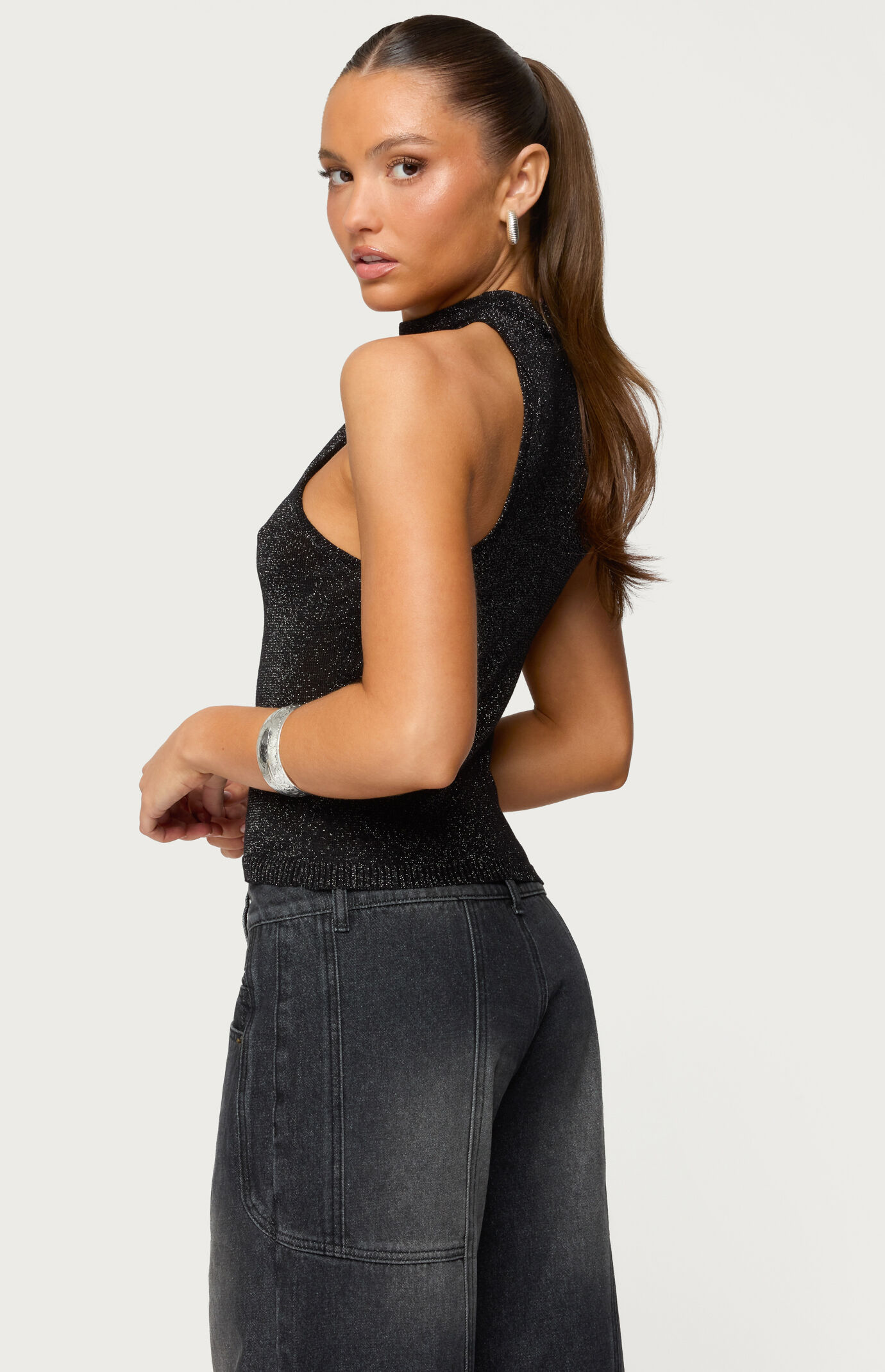 Edikted Nalia Gathered Ring Glitter Knit Top