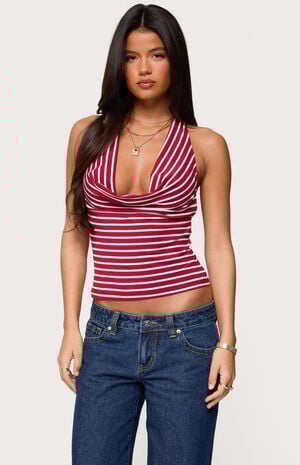 Striped Cowl Neck Halter Top image number 1