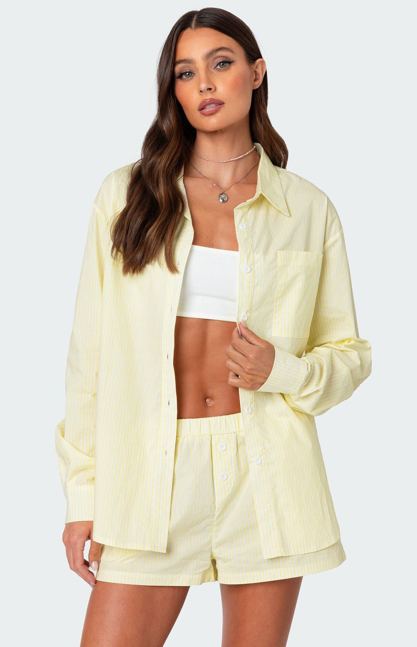 Edikted Oversized Pinstripe Button Up Shirt Edikted Oversized Pinstripe Button Up Shirt