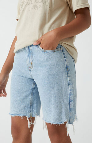 Light Blue Frayed Long Denim Shorts image number 2