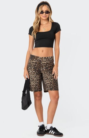 Leopard Low Rise Denim Bermuda Shorts image number 1