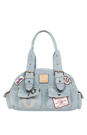 Blue Denim Multi Patch Satchel Bag image number 1