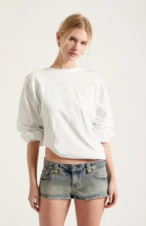 Tatum Ultimate Low Rise Denim Micro Shorts Stretch Button Pocket Medium Blue image number 3