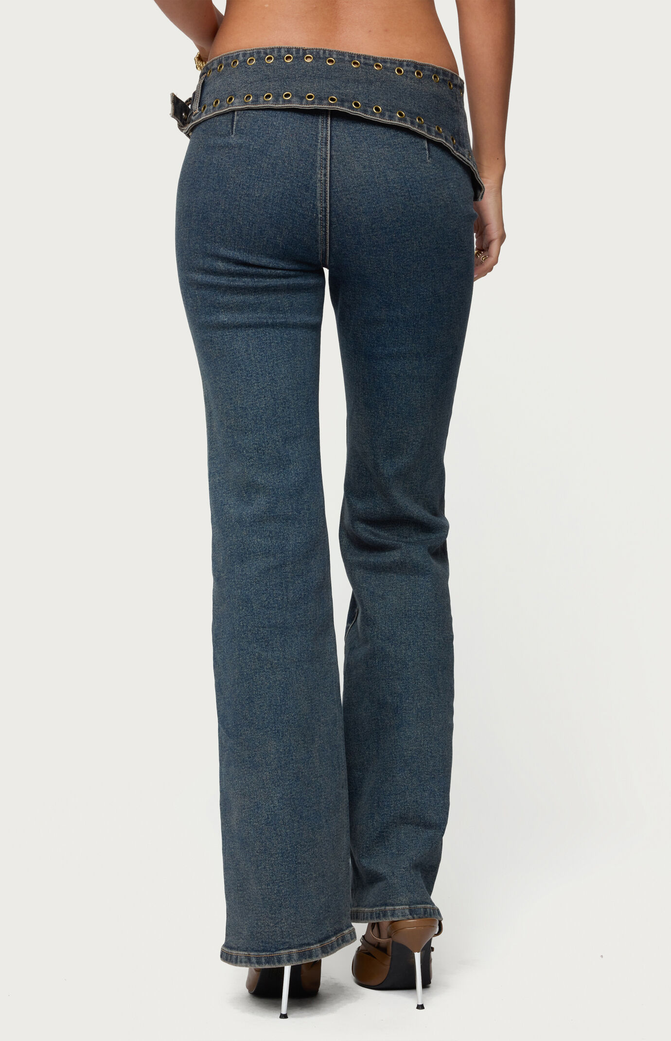 Edikted Asymmetric Grommet Belt Low Rise Flare Jeans | Pacsun