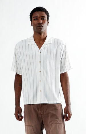 White Oversized Striped Camp Shirt image number 1