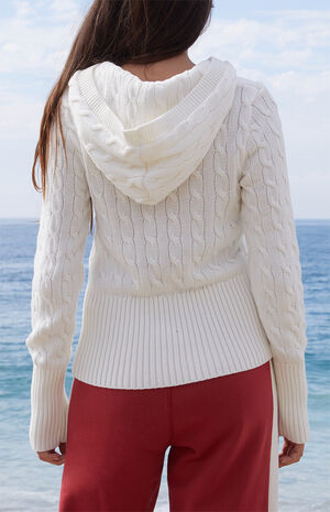 White Cable Knit Button Down Hooded Sweater image number 4
