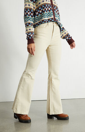 Cream Corduroy High Waisted Flare Jeans image number 3