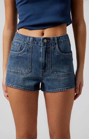 Dark Indigo Zip Fly High Waisted Denim Festival Shorts image number 5
