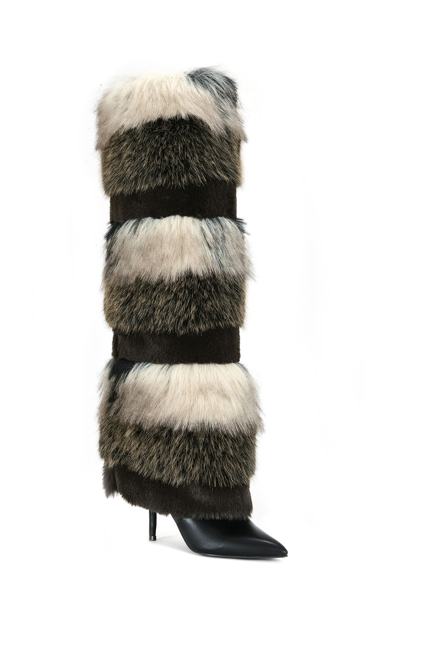 AZALEA WANG Langlau Brown Colorblock Faux Fur Stiletto Boots