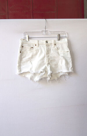Upcycled White Levi's 501 Raw Hem Denim Shorts image number 1