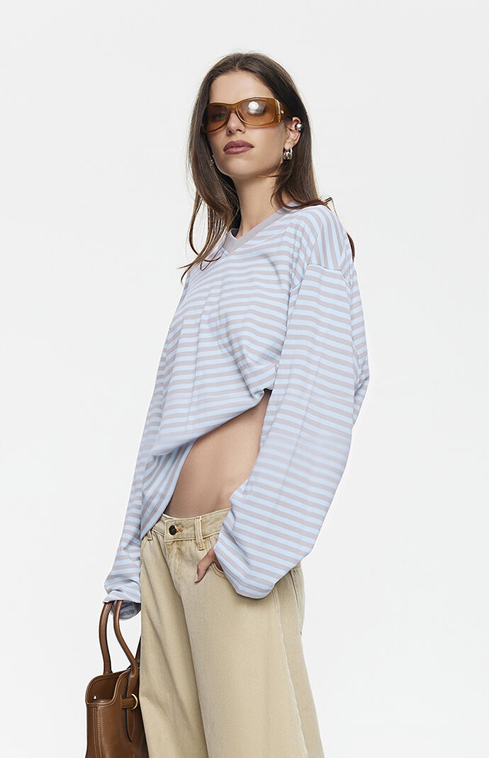 LIONESS Sky Striped Bloom V-Neck Long Sleeve T-Shirt