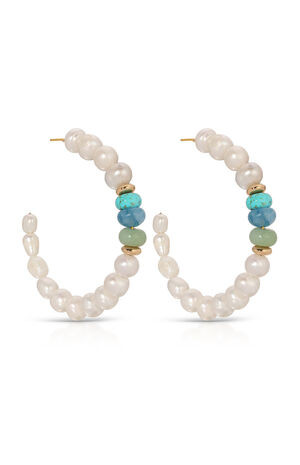 Beach Day Pearl and Blue Gemstone Hoop Earrings image number 3