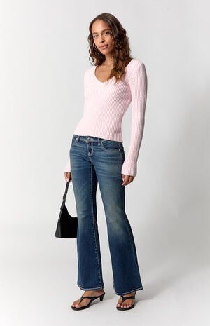 Alana Ultimate Low Rise Flare Jeans Stretch Contrast Stitch Dark Blue image number 6