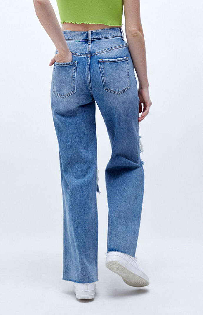 Medium Blue Distressed High Waisted Baggy Jeans