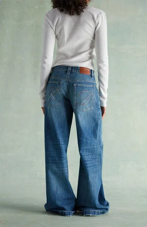 Medium Blue Rhinestone R & D Ultra Low Rise Baggy Jeans image number 1