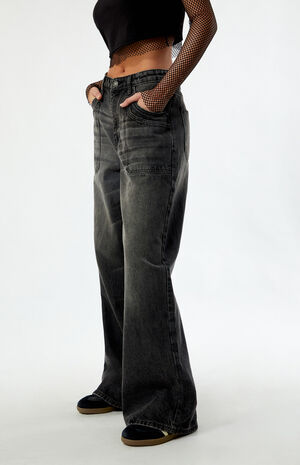 Black Double Pocket Wide Leg Baggy Jeans image number 3