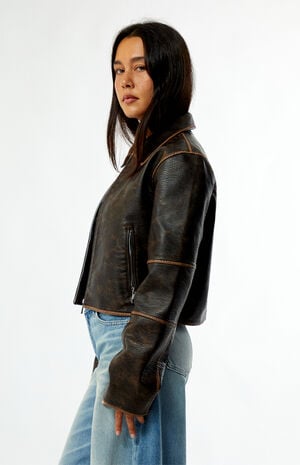 Faux Leather Cropped Biker Jacket image number 3