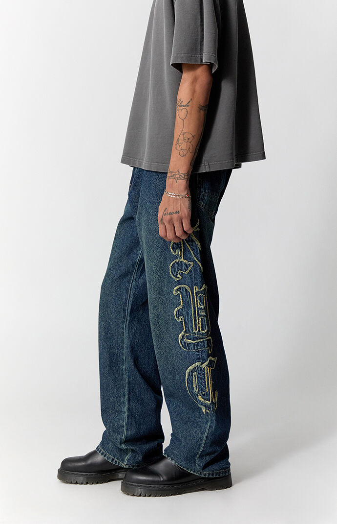 Pacsun Dylan Baggy Jeans Frayed NYC Applique Dark Blue | Pacsun