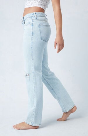 Eco Light Blue Ripped Knee Low Rise Straight Leg Jeans image number 2