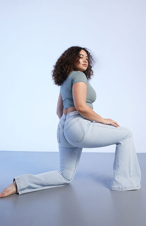 Light Blue Curve High Waisted Flare Jeans image number 2