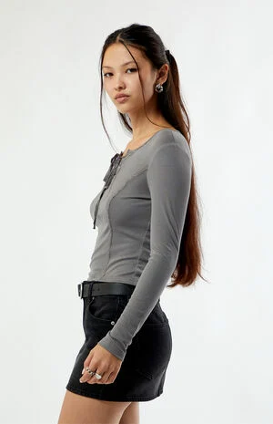 Zoey V-Neck Lace-Up Long Sleeve Top image number 3