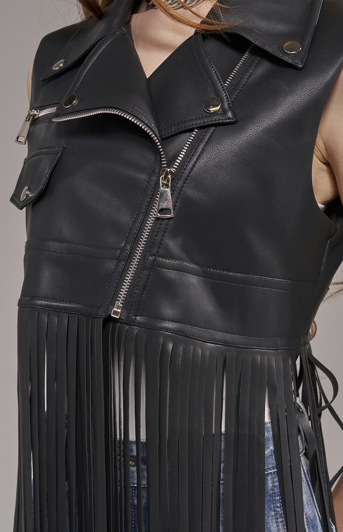 AZALEA WANG Arden Faux Leather Fringe Moto Vest