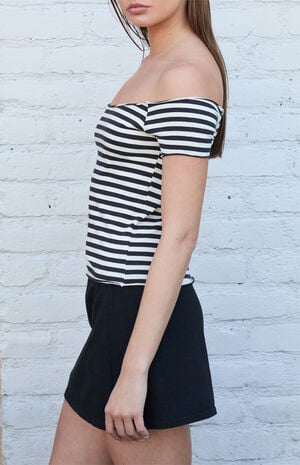 Black & White Striped Bonnie Off-The-Shoulder Short Sleeve Top image number 2