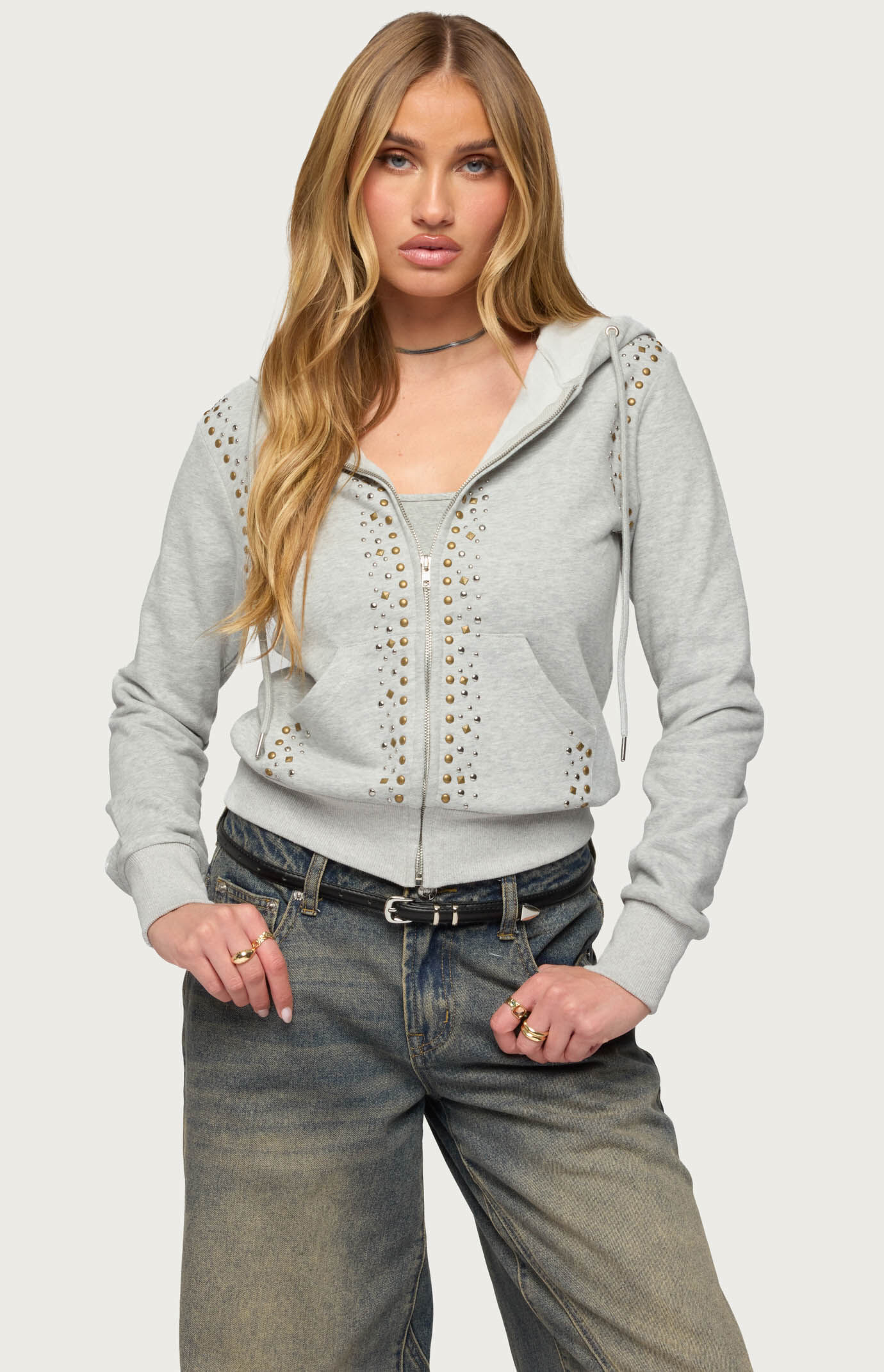 Edikted Patricia Studded Zip Up Hoodie