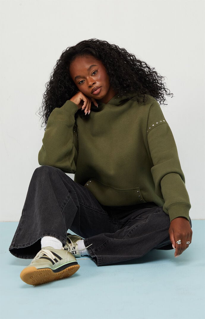 Pacsun Green Studded Solid Pullover Hoodie