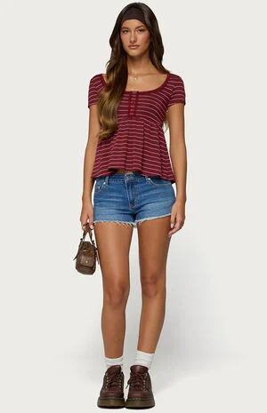 Jina Lacey Striped Babydoll Henley Top image number 5