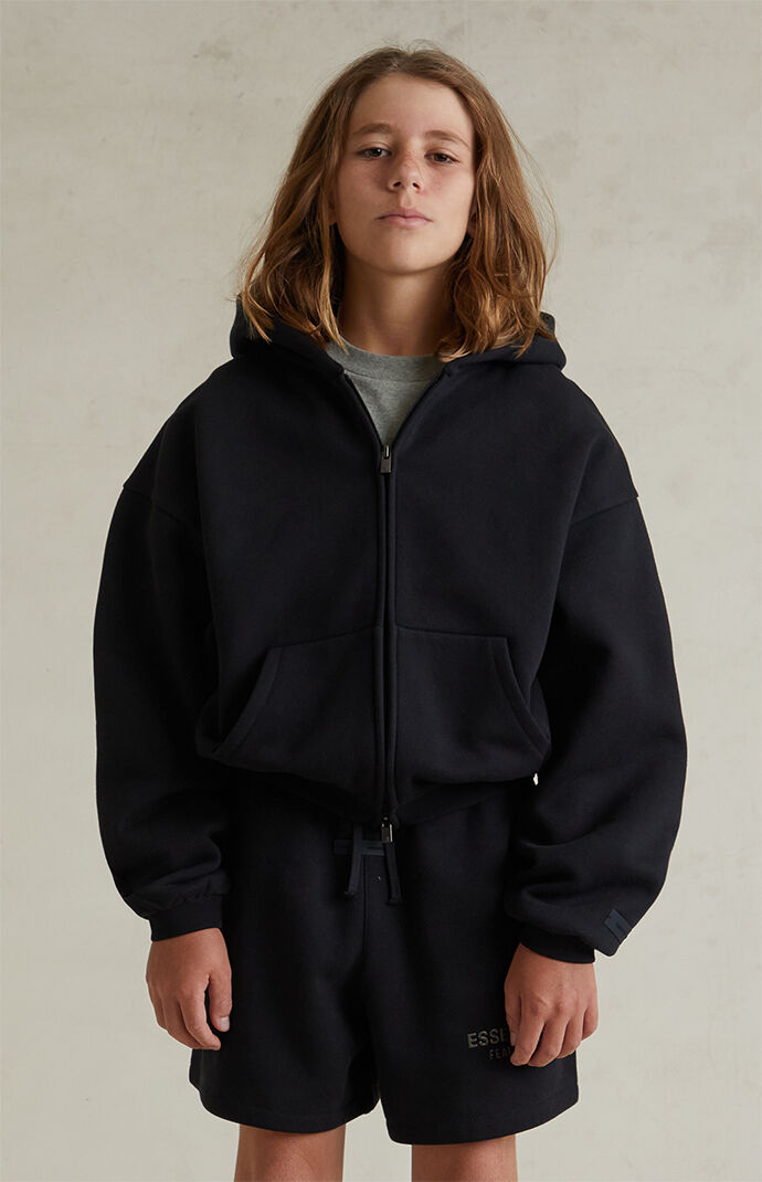 Fear of God ESSENTIALS Kids Jet Black Full Zip Fleece Hoodie | PacSun