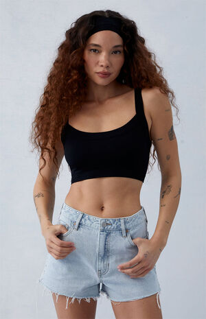 Eco Light Indigo Ripped Studded High Waisted Denim Festival Shorts image number 1