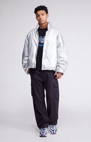 Silver Oversized Pleather Puffer Jacket image number 4