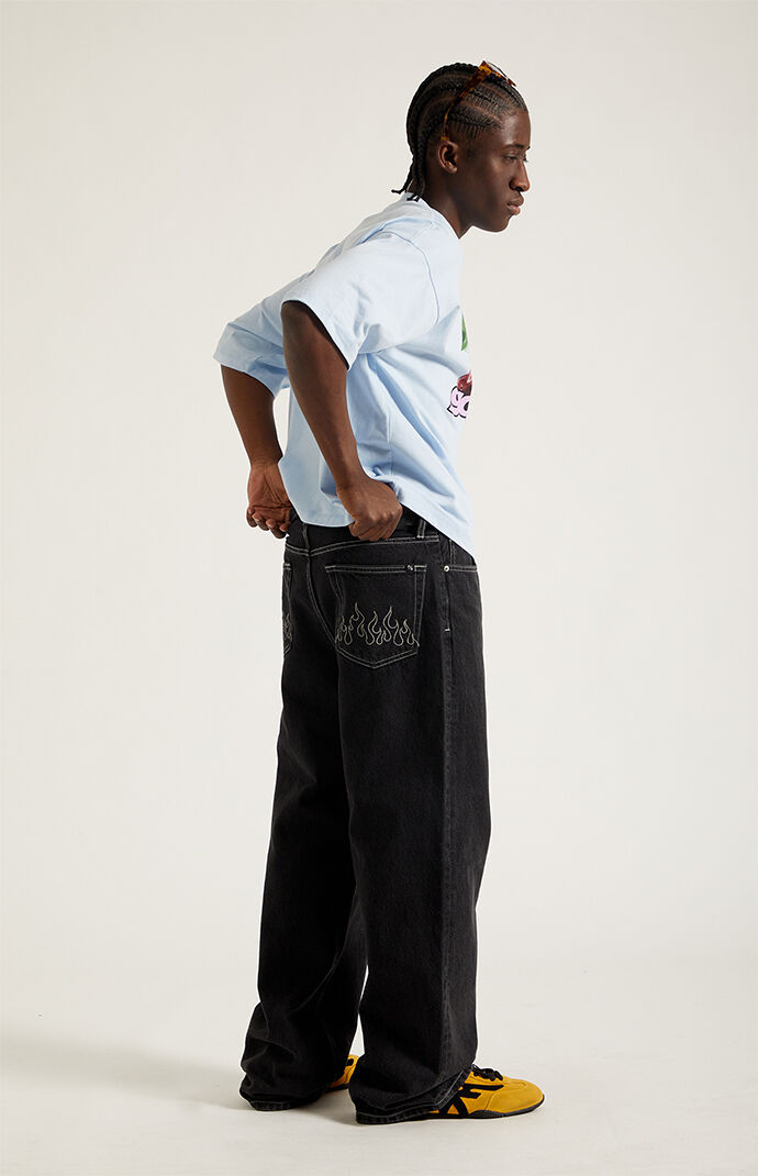 Pacsun Blake Extreme Baggy Jeans Embroidered Flames Washed Black