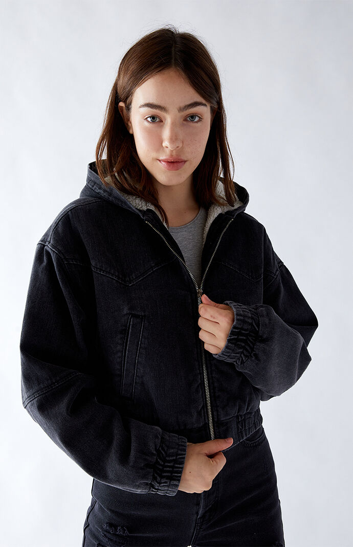 Black sherpa hooded jacket top