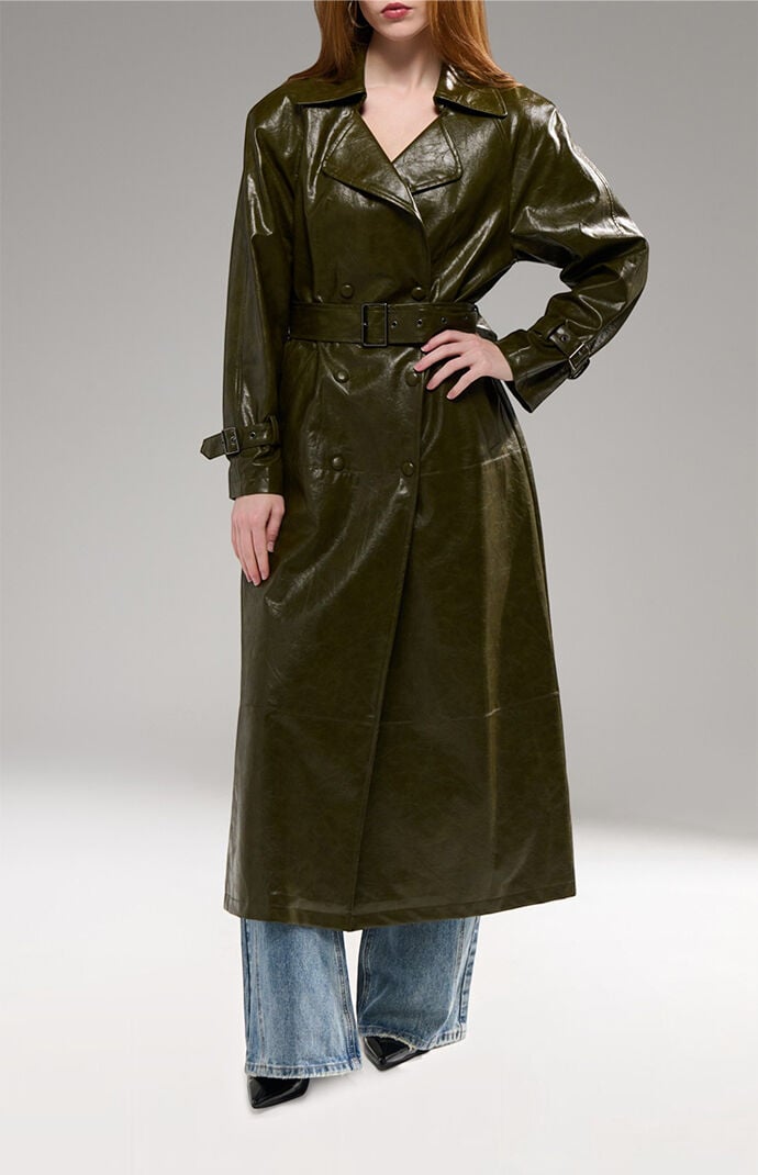 IENA VACHEMENT LONG COAT カーキ　新品　付属品あり AZALEA WANG Coren Olive Long faux Leather Trench Jacket | Pacsun