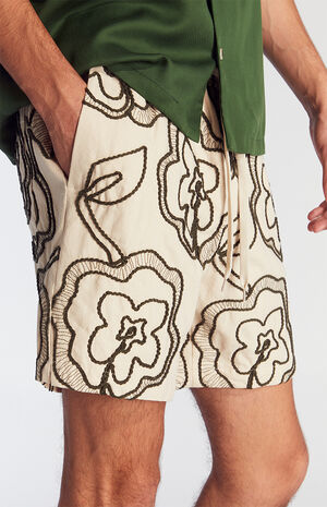 Tan Floral Embroidered Linen Volley Shorts image number 5