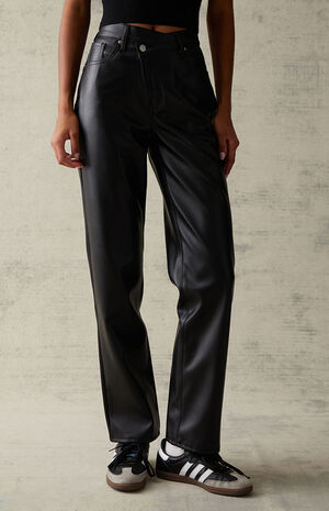 Black Faux Leather Asymmetrical Dad Pants image number 2